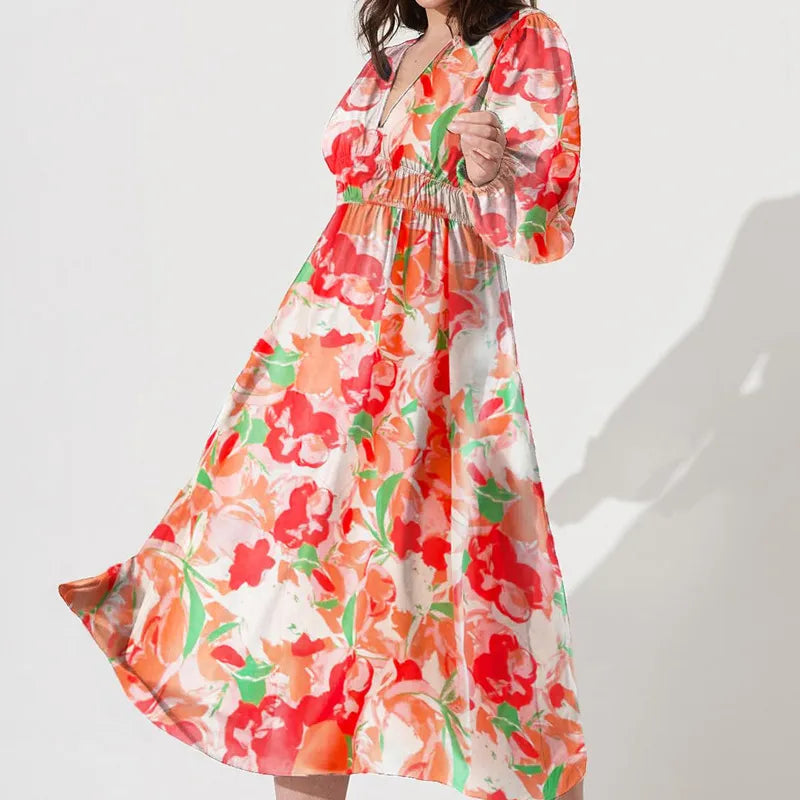 Riley | Women’s Midi Dress with V-Neck and Print