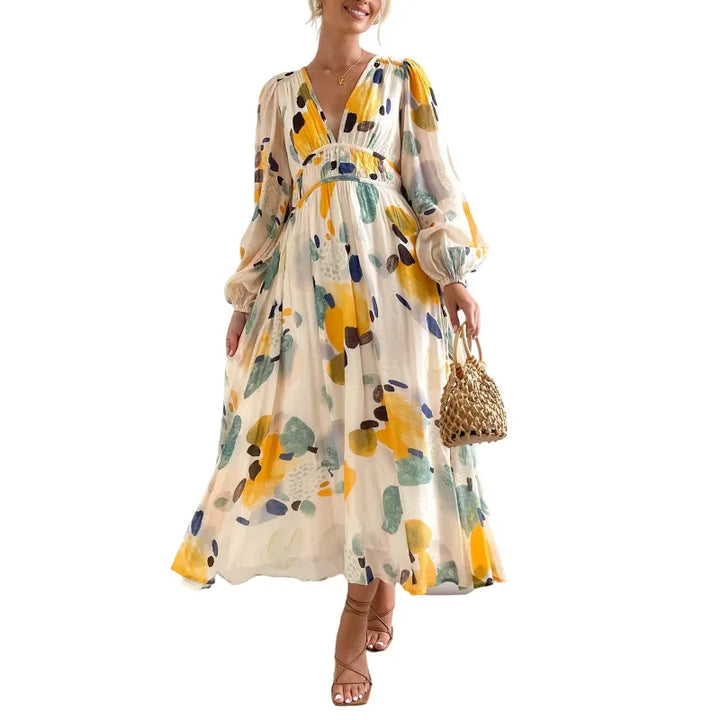Riley | Women’s Midi Dress with V-Neck and Print