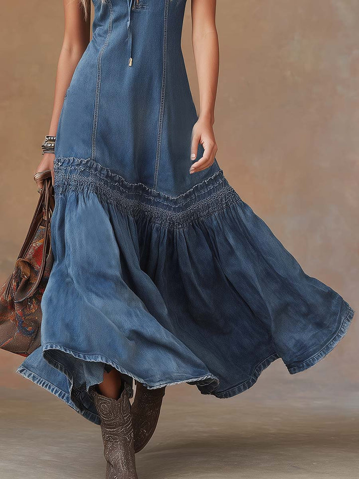 Belle | Elegant Vintage Western Tie-neck Sleeveless Bubble Hem Blue Denim Maxi Dress
