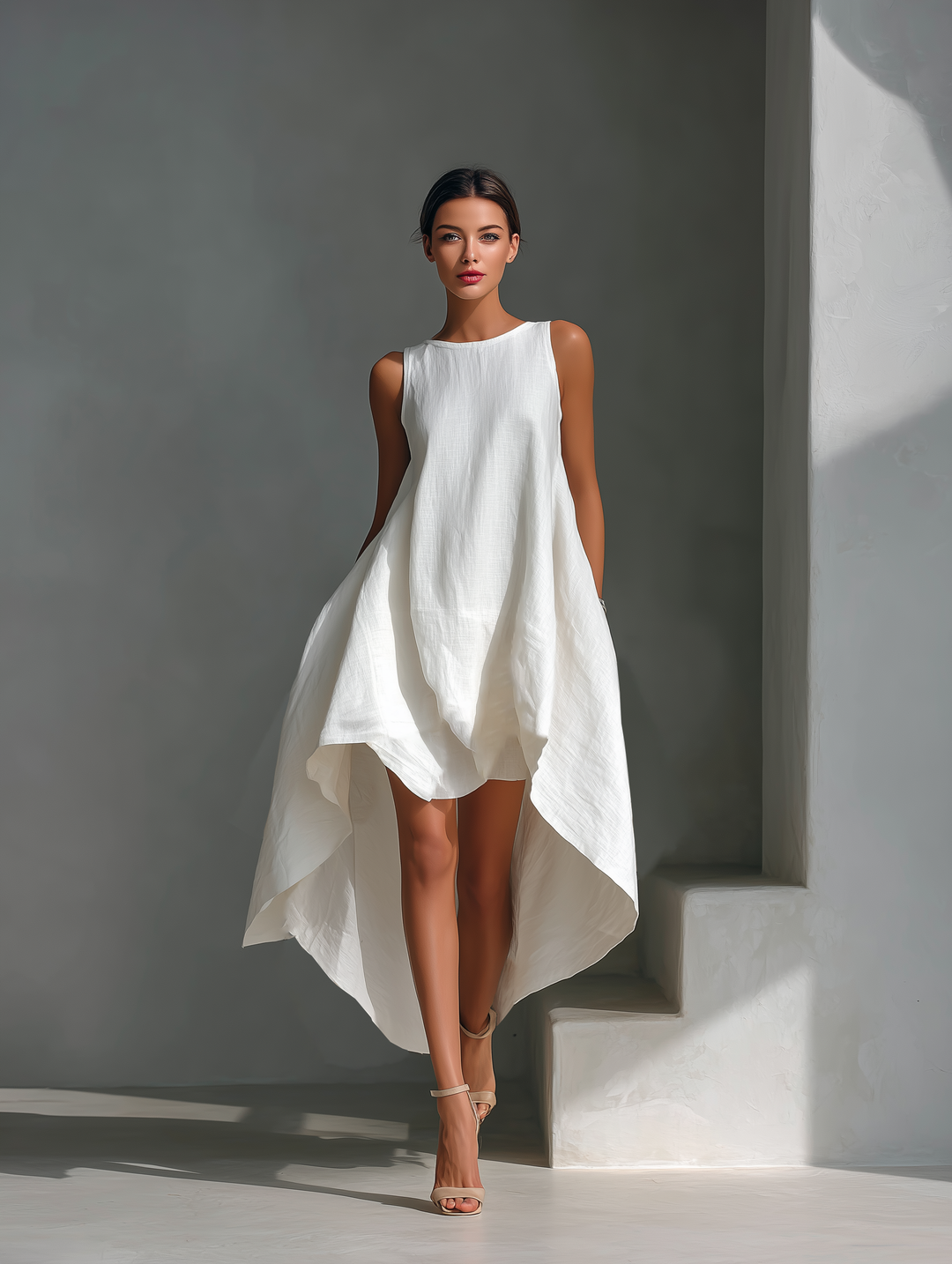 Maria | Sleeveless Round Neck Asymmetric Hem Midi Dress