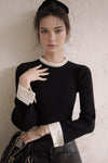 Contrast Trim Pearl-Detail Sweater