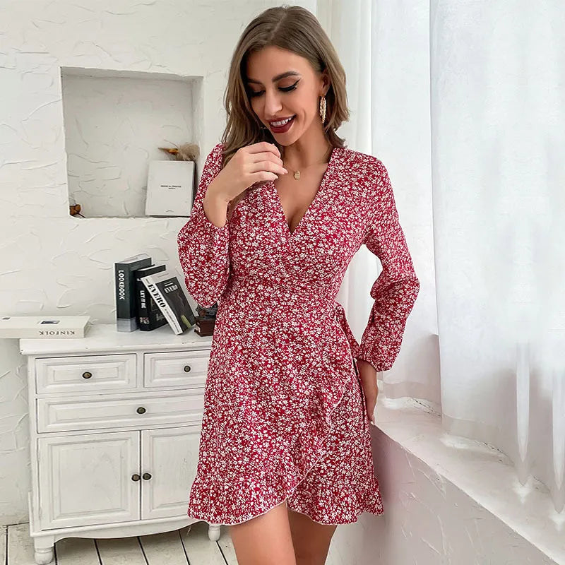 Autumn | Women’s Wrap Dress with V-Neck and Ruffles