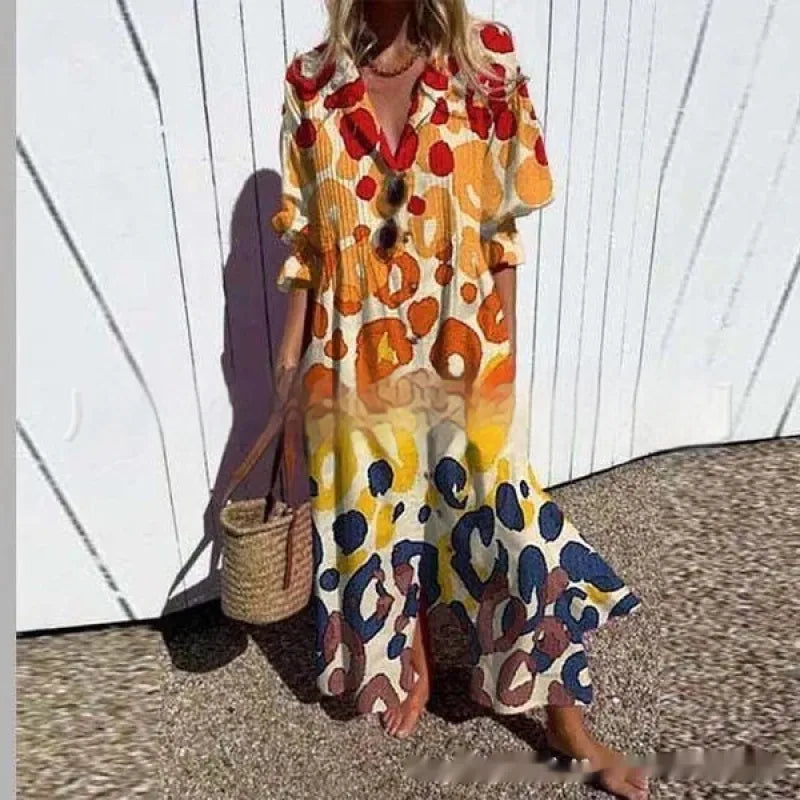 Jacqueline | Women’s Maxi Dress with V-Neck and Circle Print