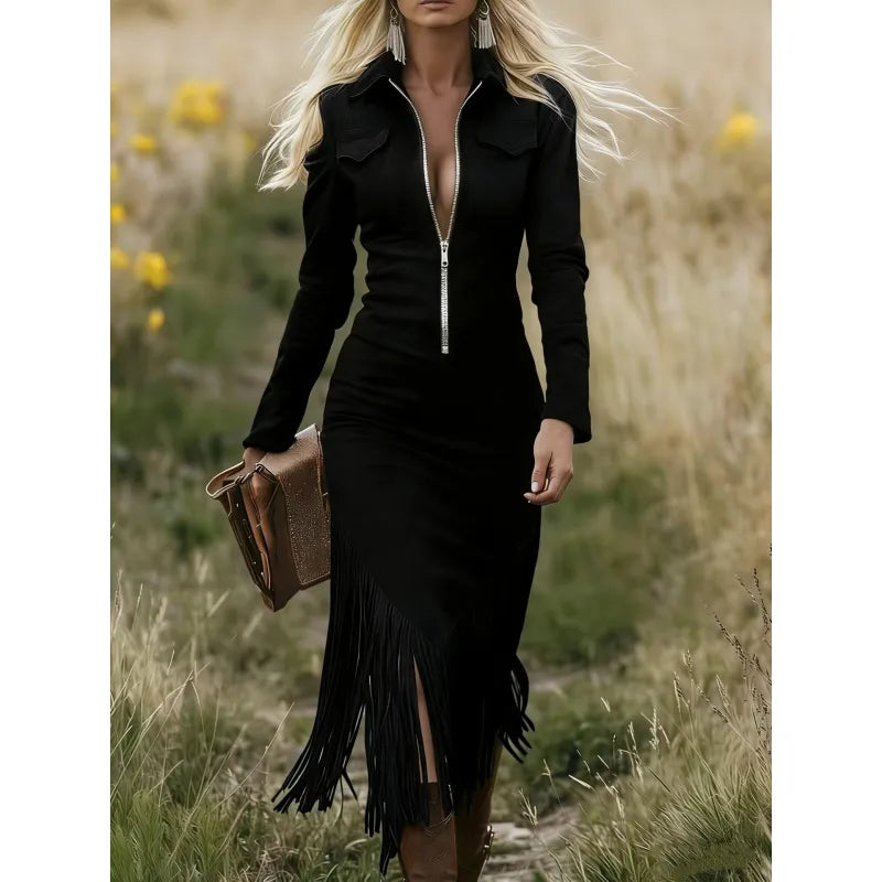 Isadora | Women’s Midi Dress with Front Zipper and Fringe Hem