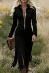Isadora | Women’s Midi Dress with Front Zipper and Fringe Hem