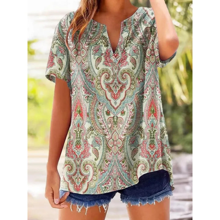 Lorelei | Women’s Printed Blouse with Split Neckline and Buttons