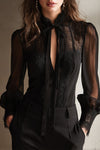 Retro Elegant Lace Stand-up Collar Tie Neck Chiffon Blouse