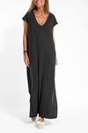 Ruby | Women's V-Neck Short Sleeve Maxi Dress with Side Slit and Flowing Design