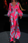 Seste | Women's Floral Satin Maxi Dress V-Neck Puff Sleeve Formal
