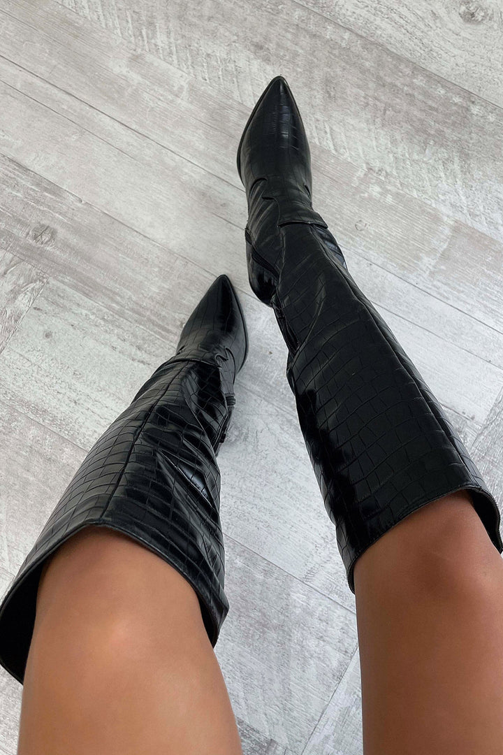 Mila | Black Croc Knee-High Boots
