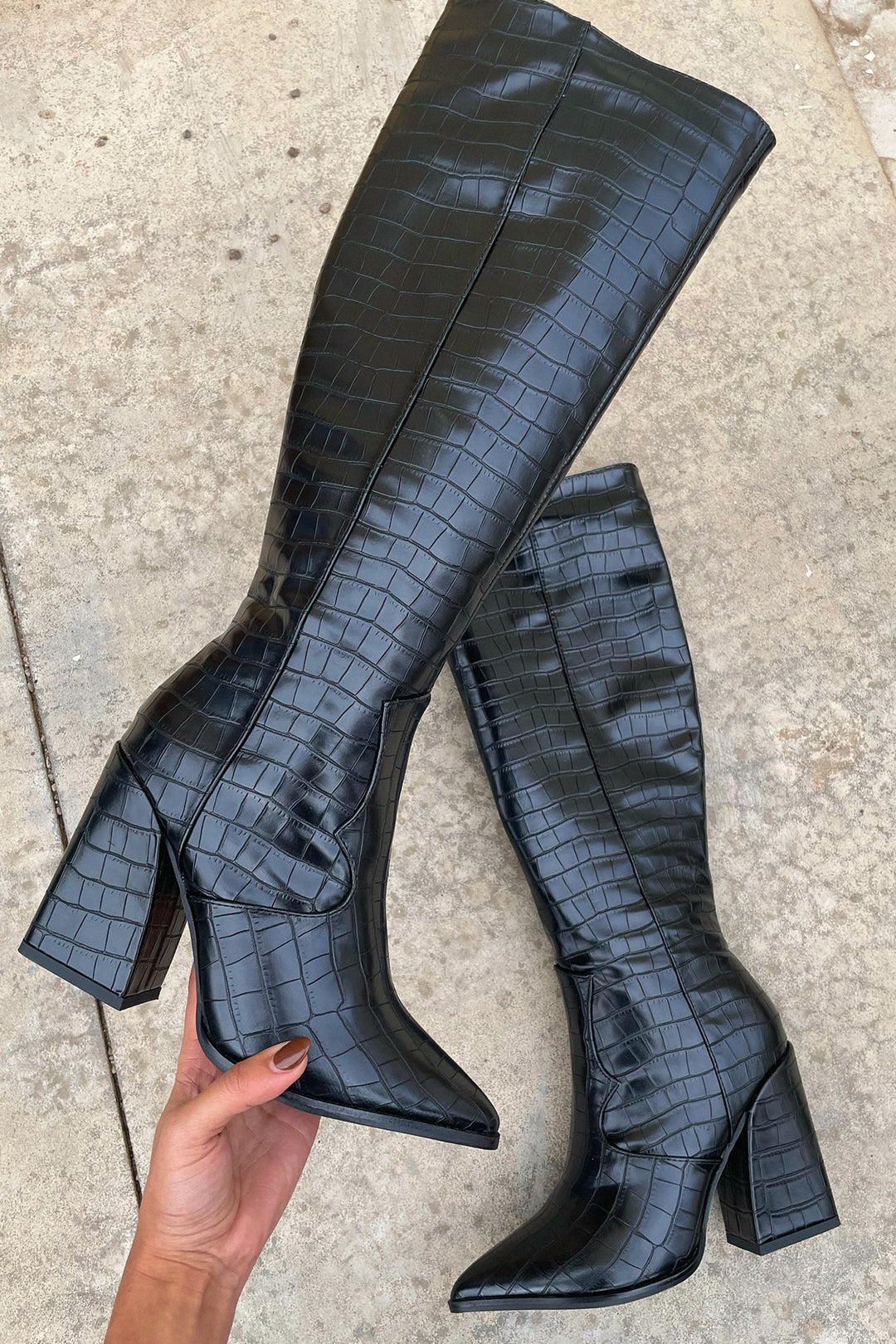 Mila | Black Croc Knee-High Boots
