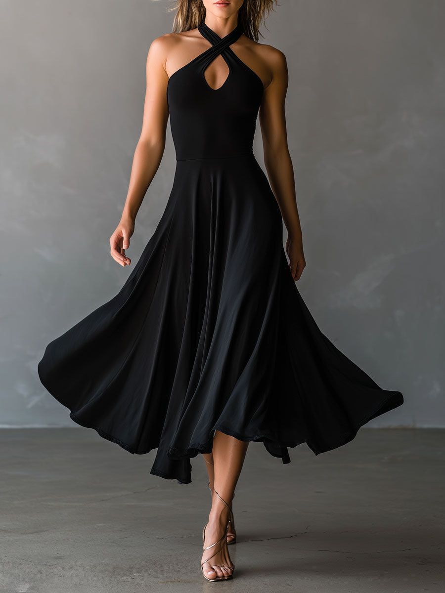 Vera | Vintage Black Halter Cross-Back A-Line Midi Dress