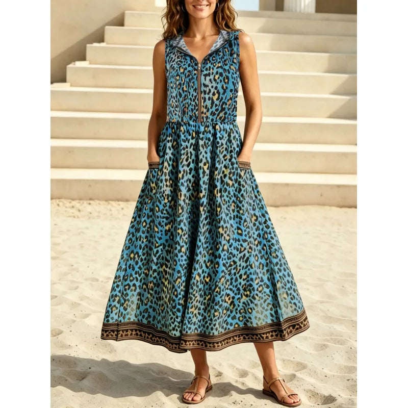 Evelisse | Women’s Maxi Dress with Zipper and Leopard Print