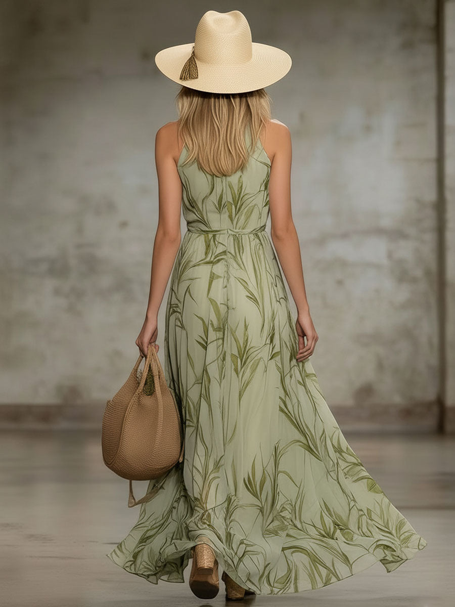 Noelle | Elegant Leaf Print Halter Neck Chiffon Sleeveless Maxi Dress