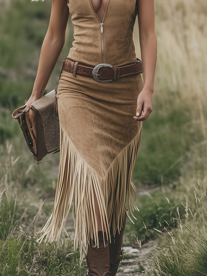 Fiona | Retro Western-style Light Brown Sleeveless Midi Dress
