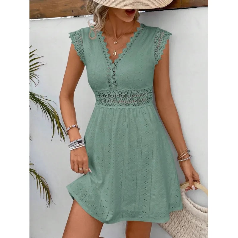 Evangeline | Women’s Mini Dress with V-Neckline and Lace Panels