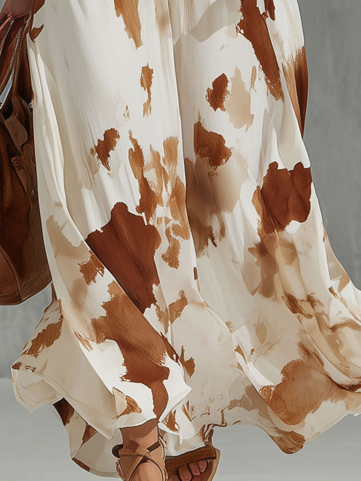 Molly | Vintage Brown Cow Print White Chiffon Sleeveless Maxi Dress