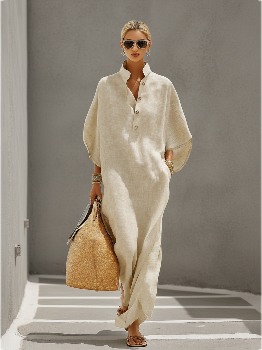 Emily | Linen Dress With Mandarin Collar &amp; Dolman Sleeves, Timeless Resort-Casual Style Dress