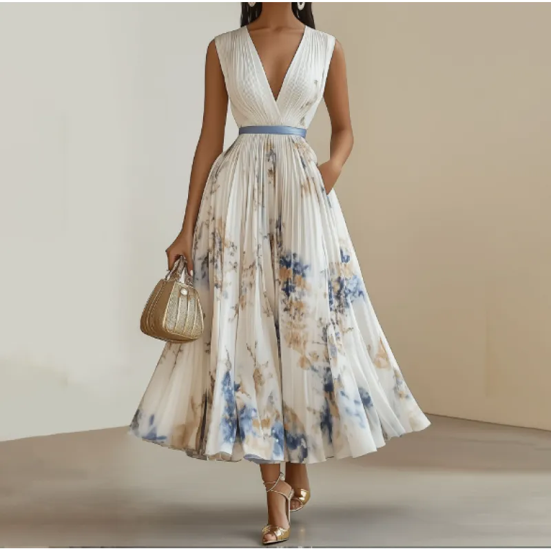 Maureen | Women’s Maxi Dress with V-Neck and Pleats
