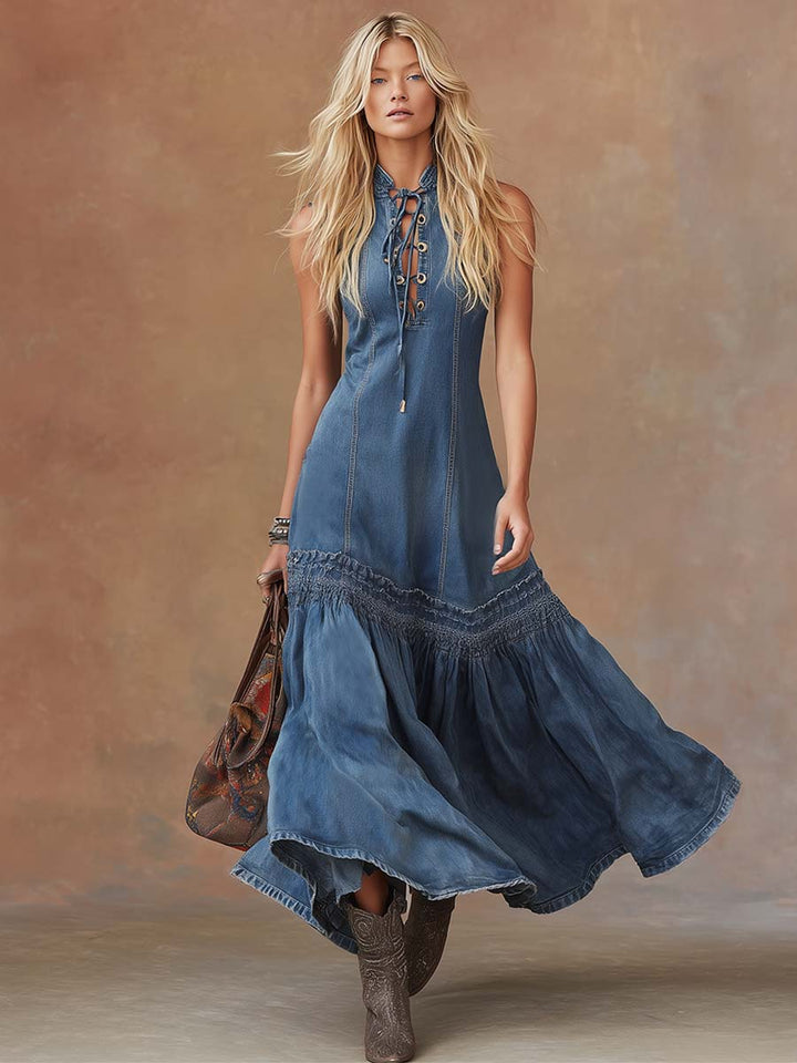 Belle | Elegant Vintage Western Tie-neck Sleeveless Bubble Hem Blue Denim Maxi Dress