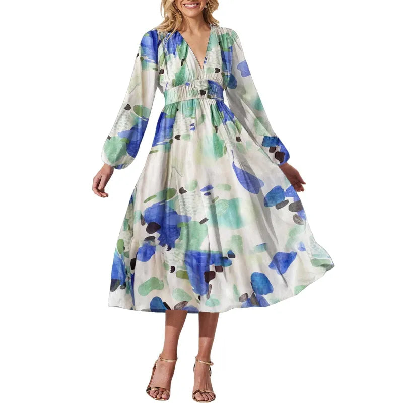 Riley | Women’s Midi Dress with V-Neck and Print