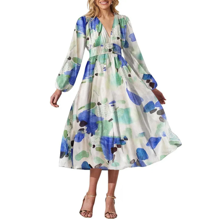 Riley | Women’s Midi Dress with V-Neck and Print