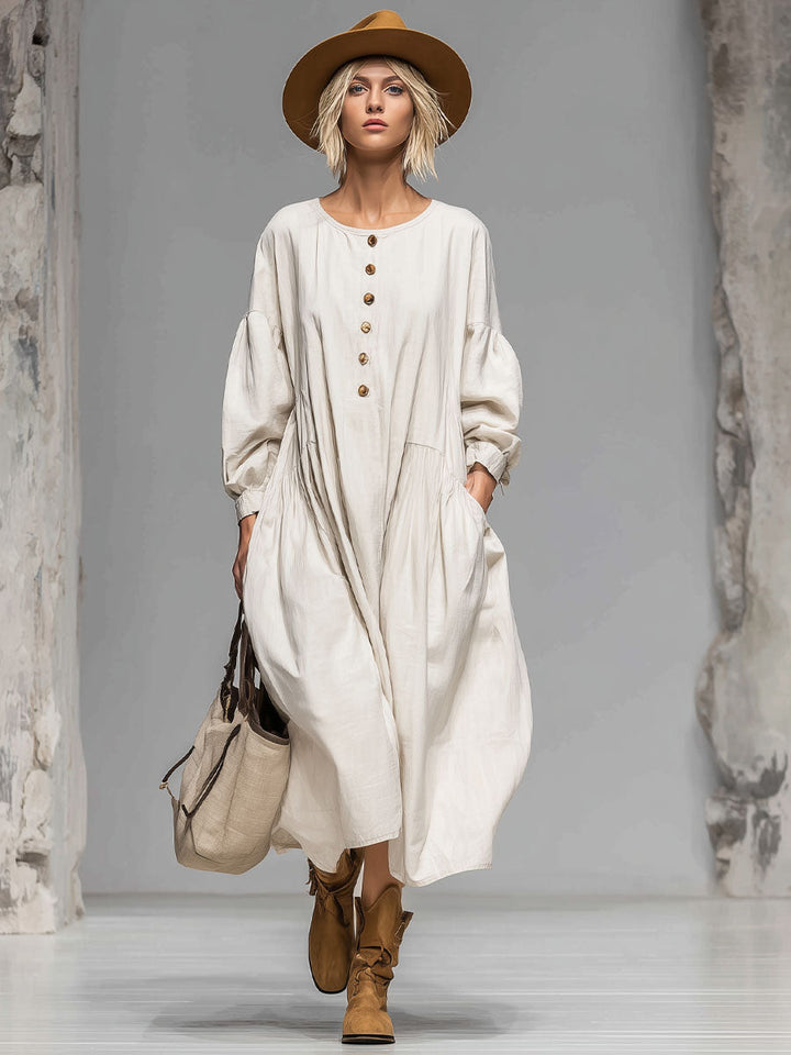 Sadie | Loose Round-neck Button-front Double-pocket Cotton Long-sleeved Midi Dress
