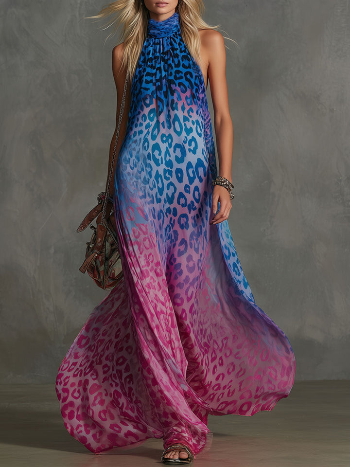 Naomi | Gradient Leopard Print Chiffon High-neck Sleeveless Maxi Dress