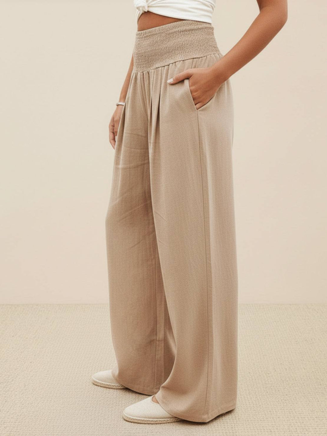 Maeve | High Waist Wide Leg Trousers with Smocked Waist and Relaxed Fit