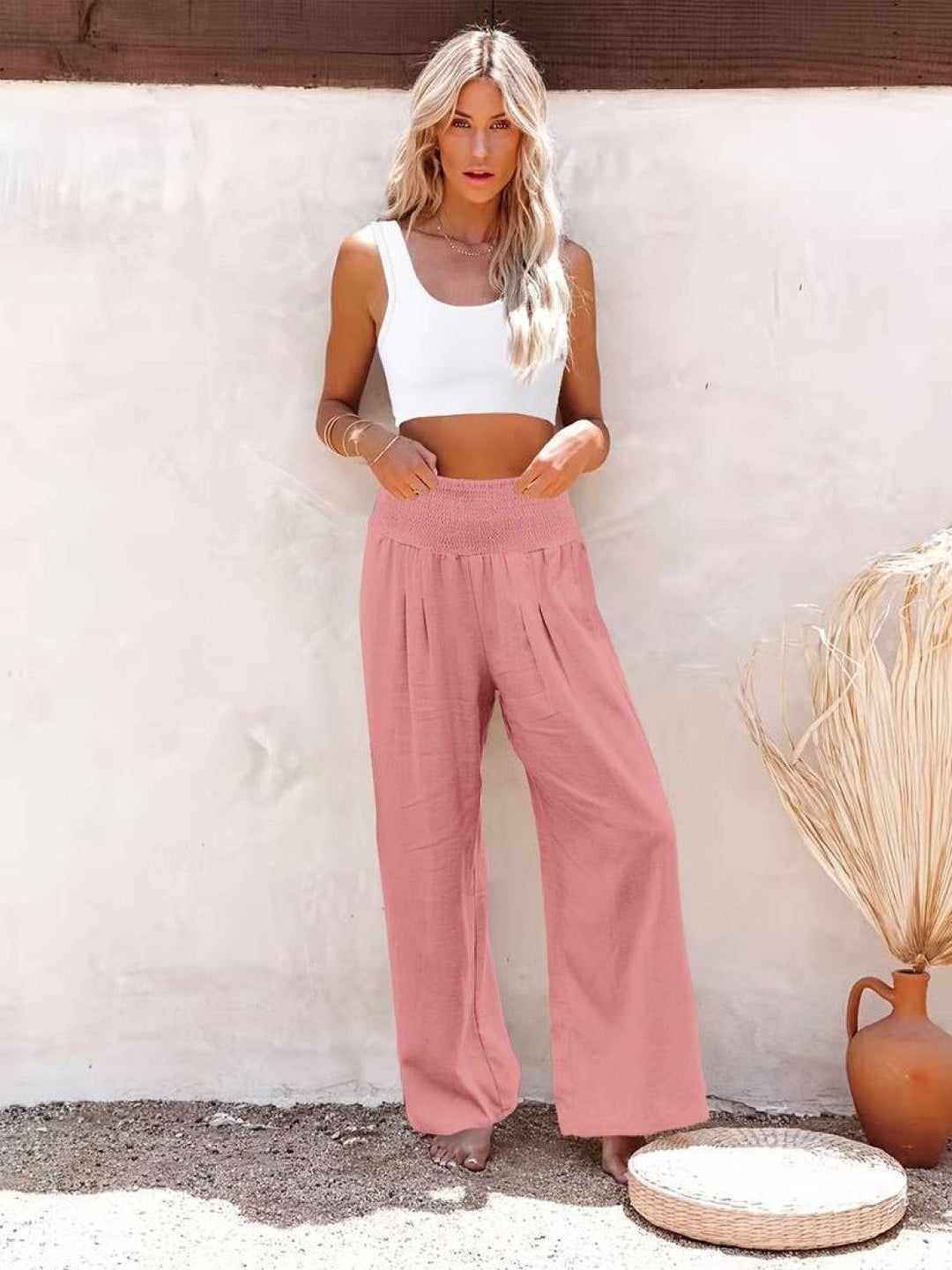 Maeve | High Waist Wide Leg Trousers with Smocked Waist and Relaxed Fit