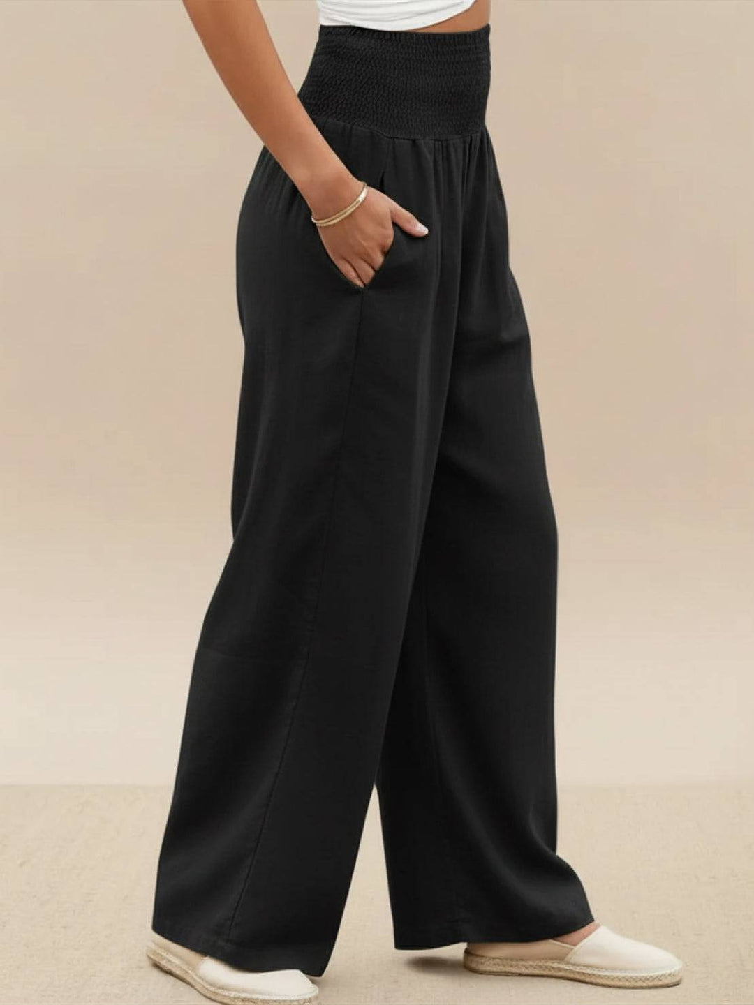 Maeve | High Waist Wide Leg Trousers with Smocked Waist and Relaxed Fit