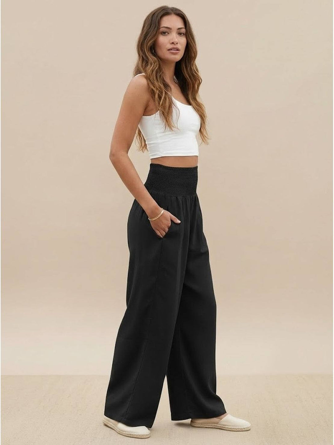 Maeve | High Waist Wide Leg Trousers with Smocked Waist and Relaxed Fit