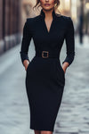 Ariana | Elegant Black Sheath Dress with Belt and Mandarin Collar