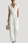 Ophelia | Women's V Neck Wide Leg Tie Waist Jumpsuit