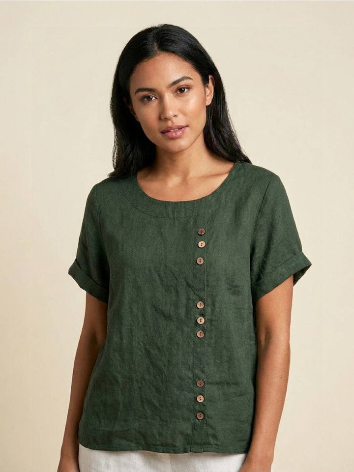 Vivienne | Short Sleeve Top with Scoop Neck and Button Detail