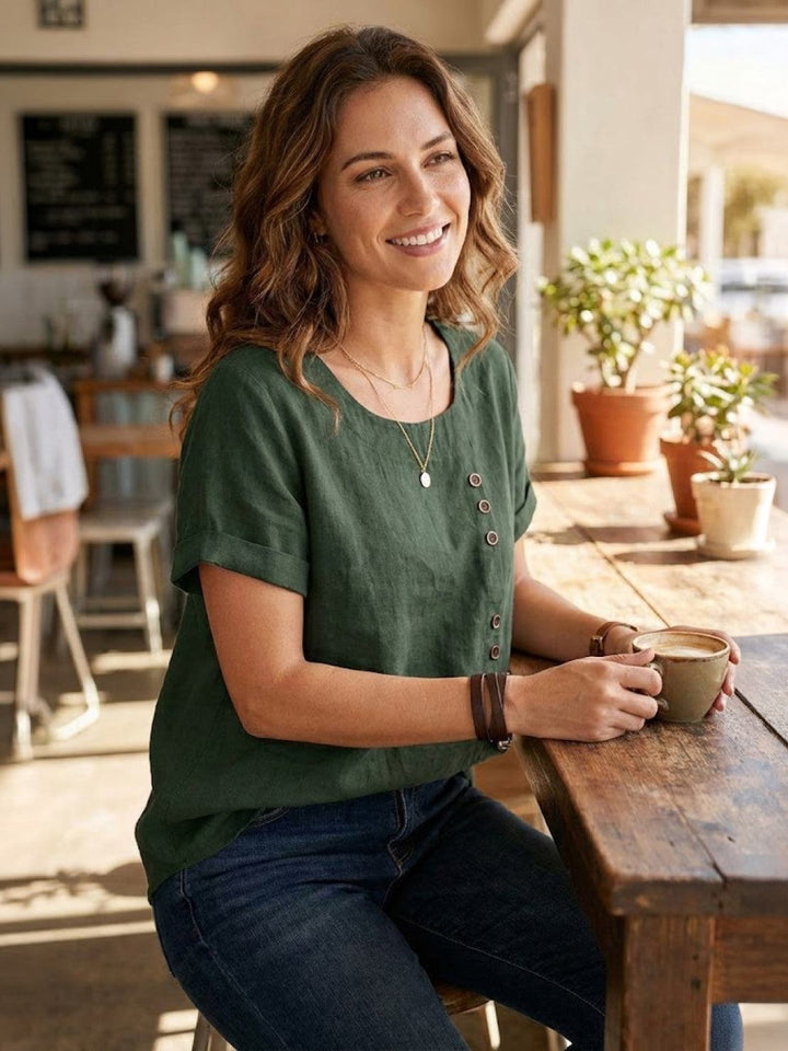 Vivienne | Short Sleeve Top with Scoop Neck and Button Detail