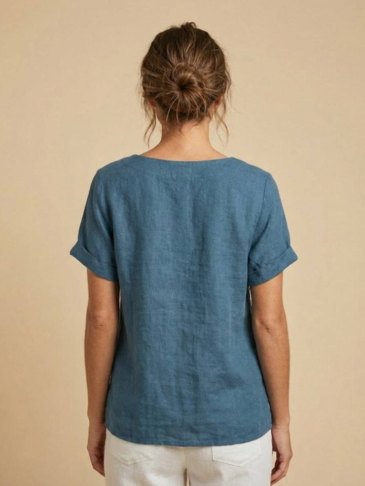 Vivienne | Short Sleeve Top with Scoop Neck and Button Detail