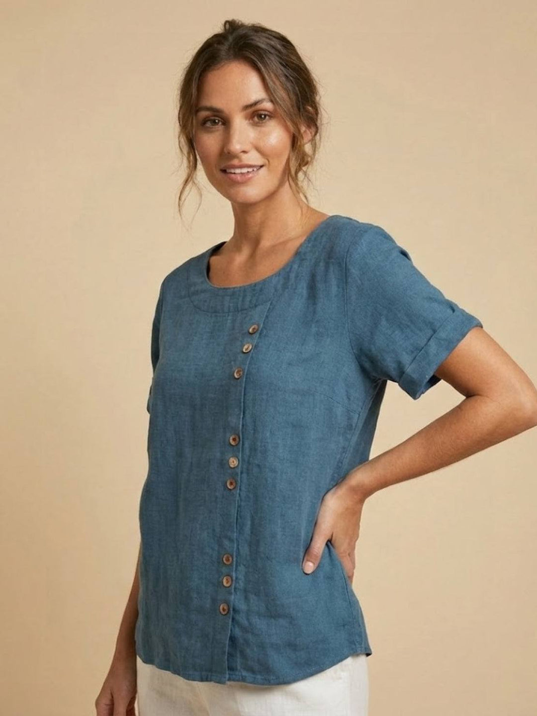 Vivienne | Short Sleeve Top with Scoop Neck and Button Detail