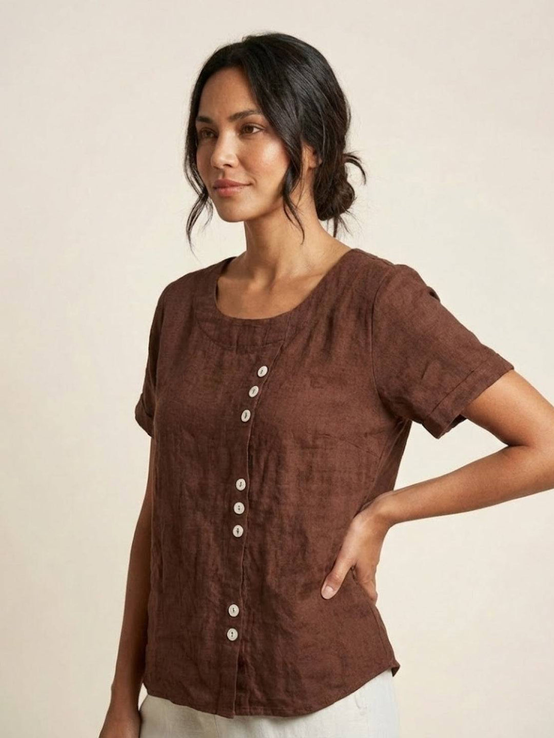 Vivienne | Short Sleeve Top with Scoop Neck and Button Detail