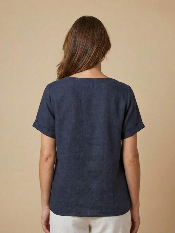 Vivienne | Short Sleeve Top with Scoop Neck and Button Detail