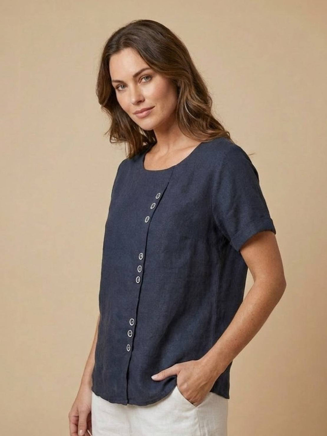 Vivienne | Short Sleeve Top with Scoop Neck and Button Detail