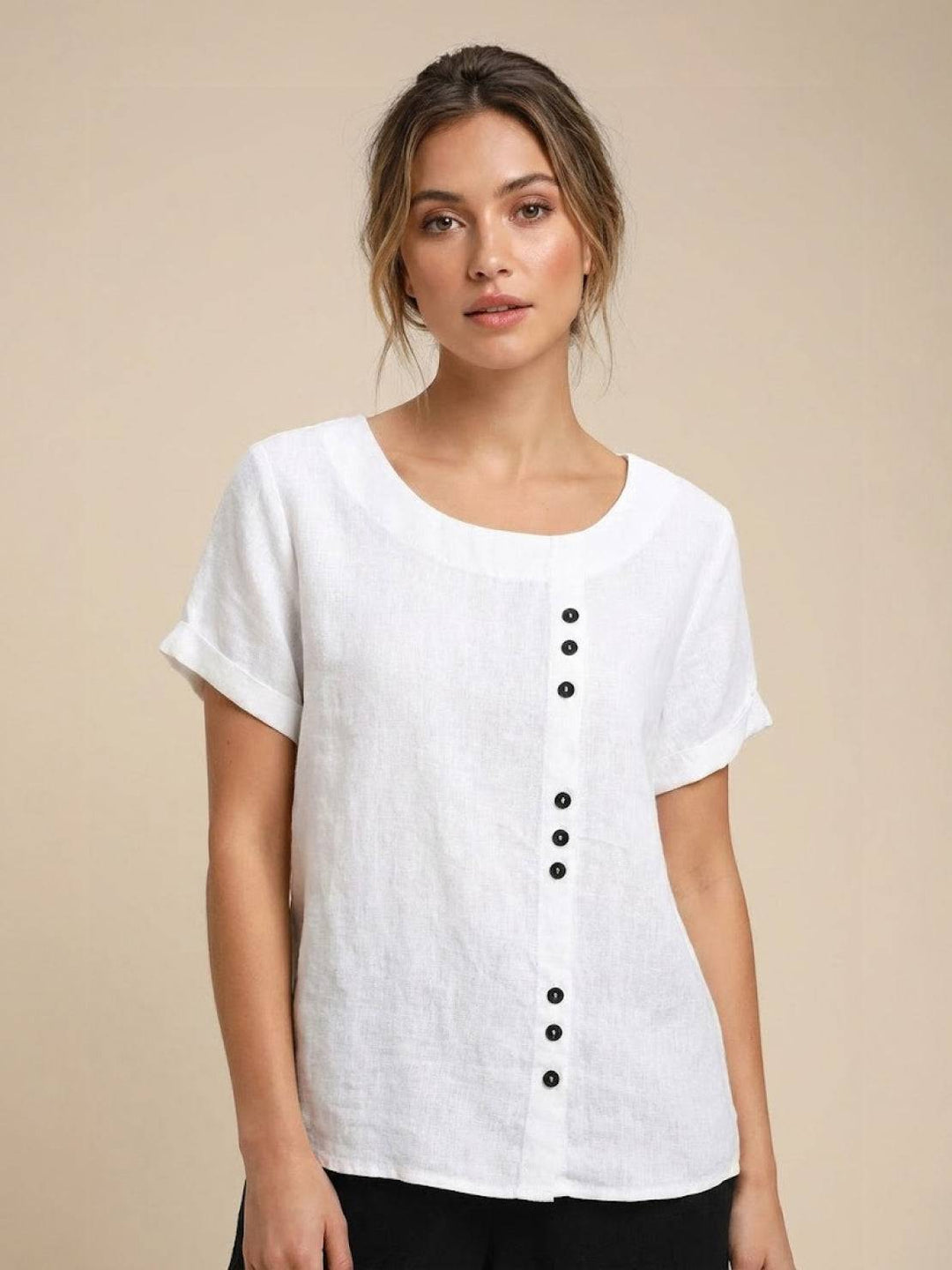 Vivienne | Short Sleeve Top with Scoop Neck and Button Detail