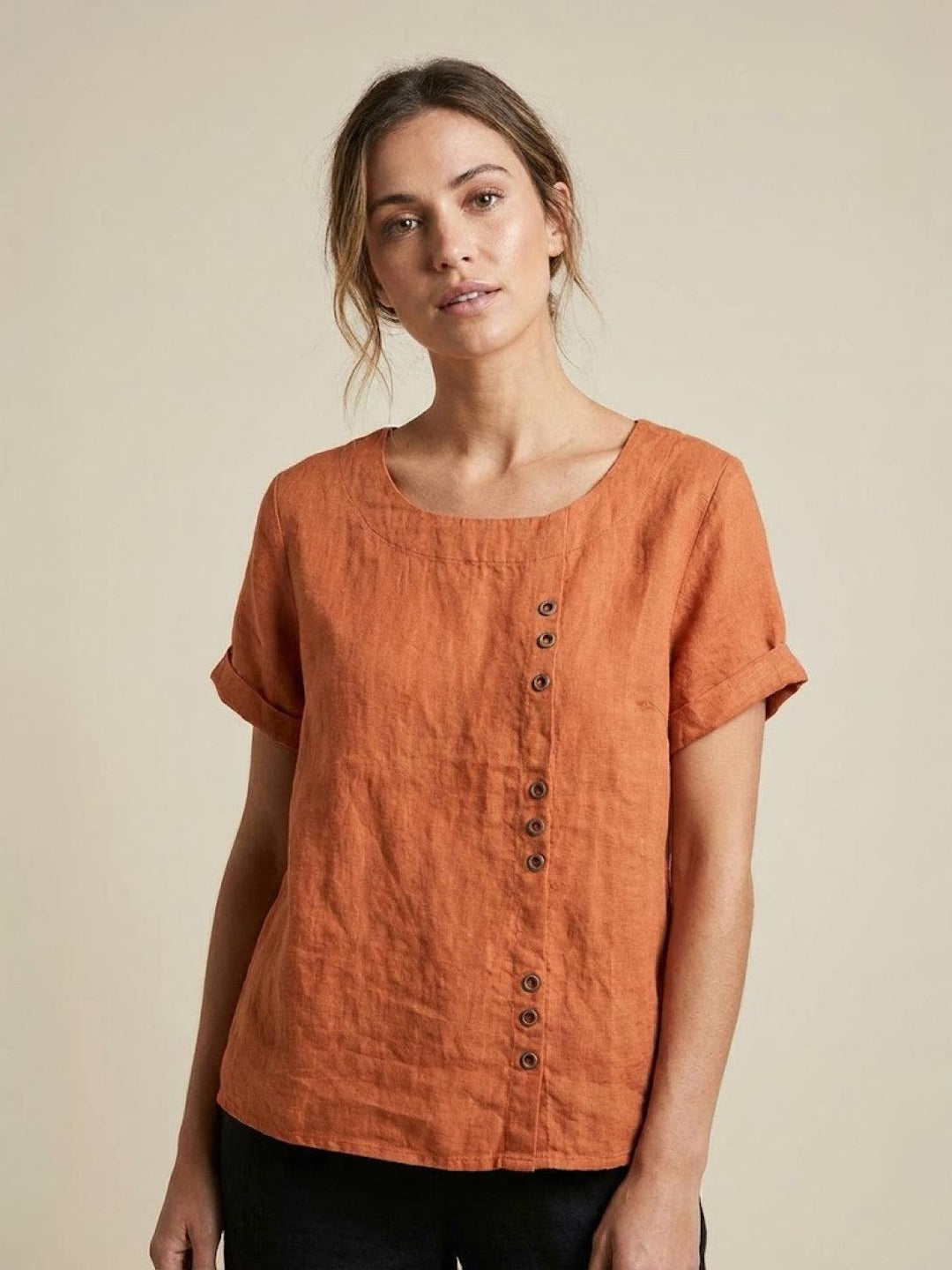 Vivienne | Short Sleeve Top with Scoop Neck and Button Detail