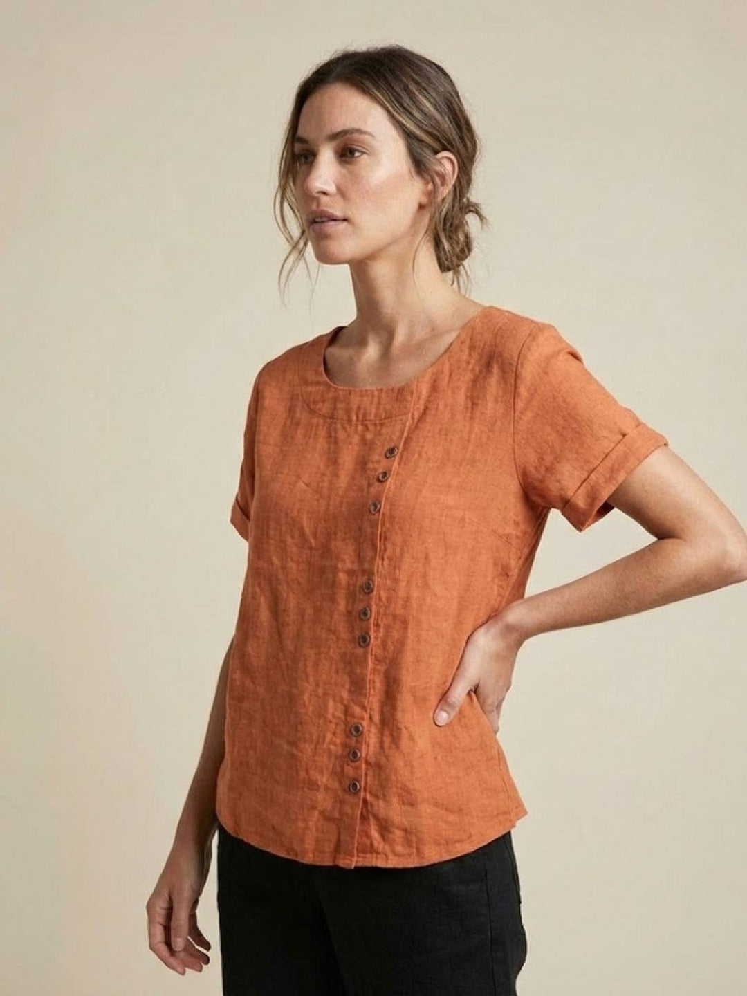 Vivienne | Short Sleeve Top with Scoop Neck and Button Detail