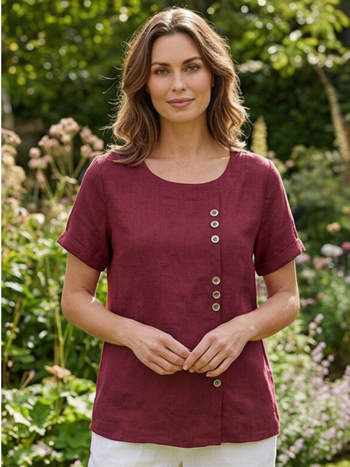 Vivienne | Short Sleeve Top with Scoop Neck and Button Detail