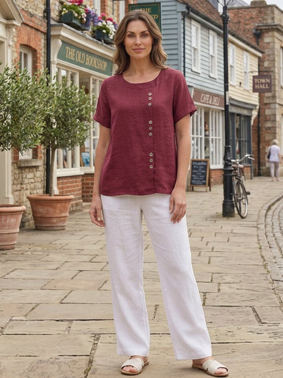 Vivienne | Short Sleeve Top with Scoop Neck and Button Detail