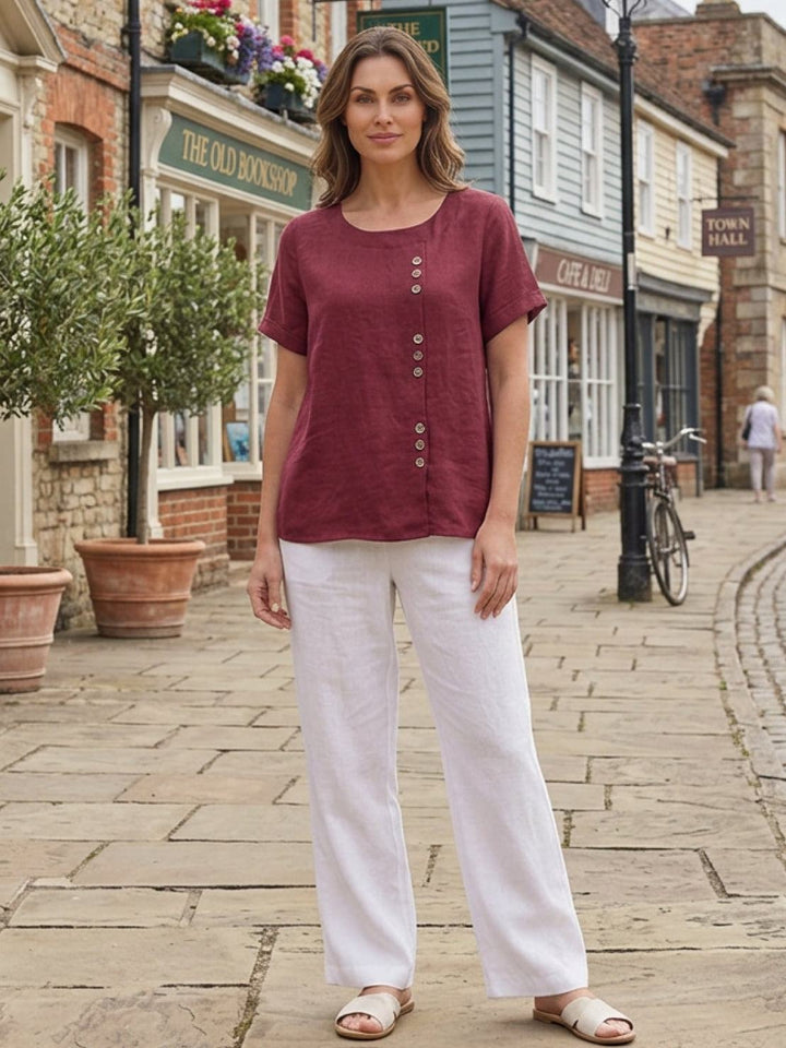 Vivienne | Short Sleeve Top with Scoop Neck and Button Detail