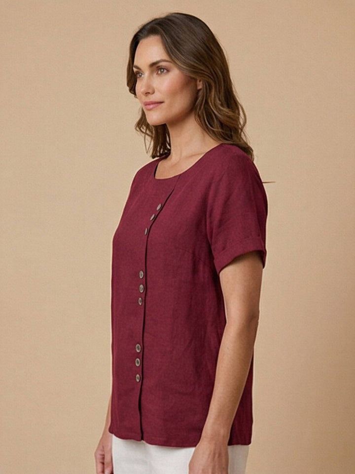 Vivienne | Short Sleeve Top with Scoop Neck and Button Detail