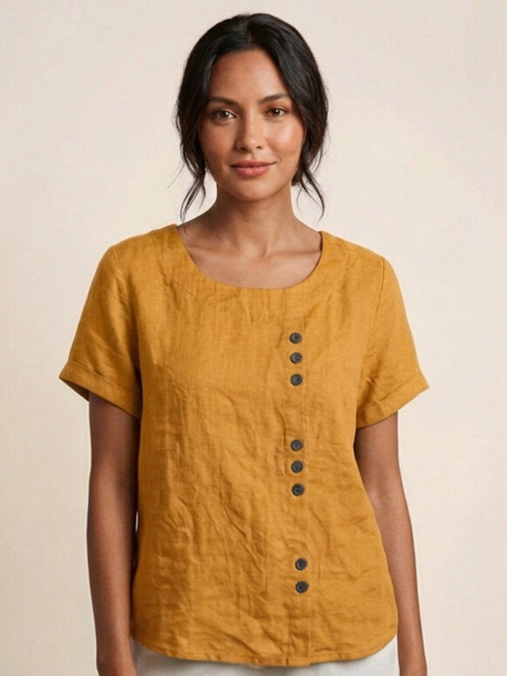 Vivienne | Short Sleeve Top with Scoop Neck and Button Detail