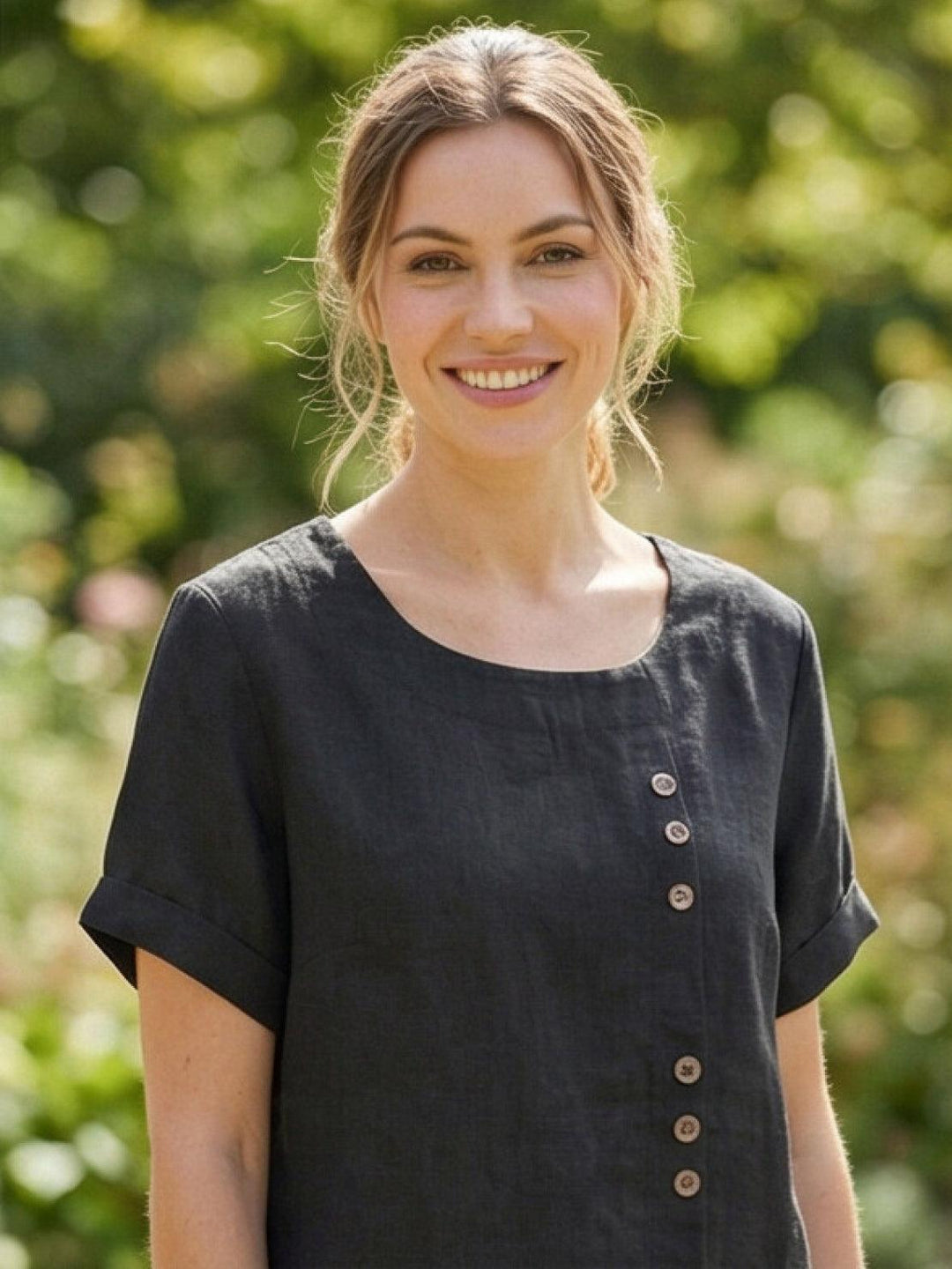 Vivienne | Short Sleeve Top with Scoop Neck and Button Detail